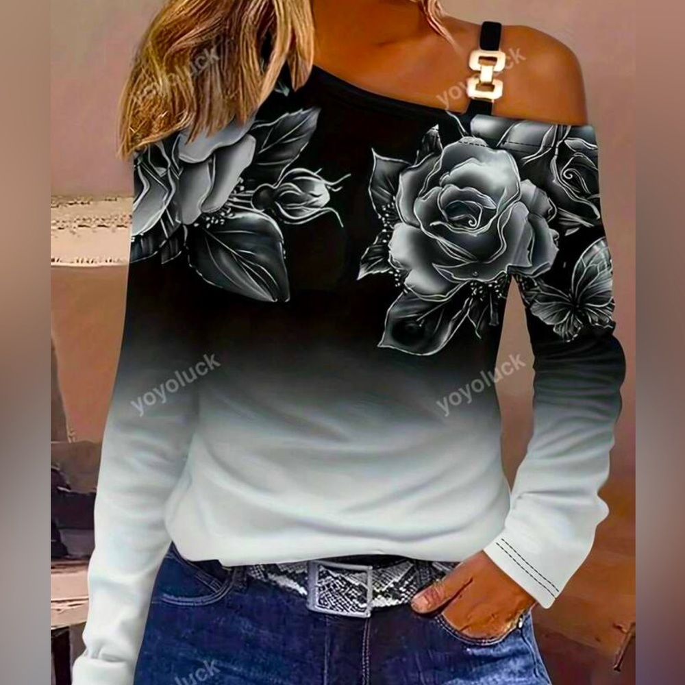 Women's Floral Printed Asymmetric Collar Long Sleeve T-Shirt XL​